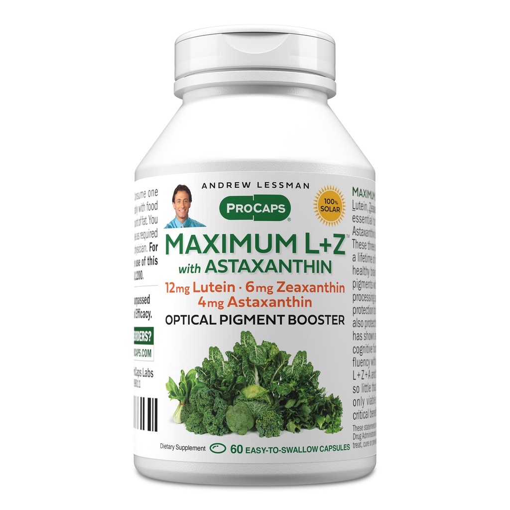 ANDREW LESSMAN Maximum L+Z with Astaxanthin 60 Softgels - 12mg Lutein, 6mg Zeaxantină, 4mg Astaxantină. Nutrienți cheie pentru a sprijini ochi și sănătatea creierului, și să promoveze viziune sănătoasă.