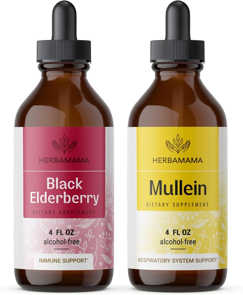 HERBAMAMA Herbal Liquid Drops Kit - Bundle of Black Elderberry Extract și Mullein Leaf Tincture 4 fl oz - Vegan, Non-GMO, Sugar & Alcool-Free - 2 Pack