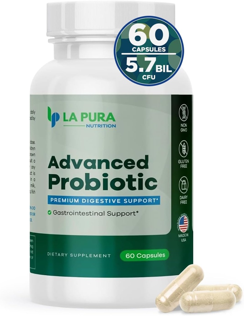 LaPura Advanced Probiotic - Premium Digestive Support for Gut & Immune Health, 60 Capsule - 5.75 Miliarde Probiotice CFU, inclusiv DE111 Strain (Bacillus subtilis) - Non-GMO, Gluten-Free, Made in USA