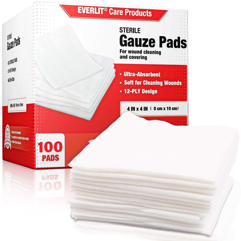 EVERLIT [Extra-Thick] 4'x4'' Steril Gauze Pad 12-Ply, 100 Pack, Individual înfăşurat, Ultra Absorbtion Mari tampoane medicale non-Woven pentru îngrijirea rănilor acasă Kit de prim ajutor