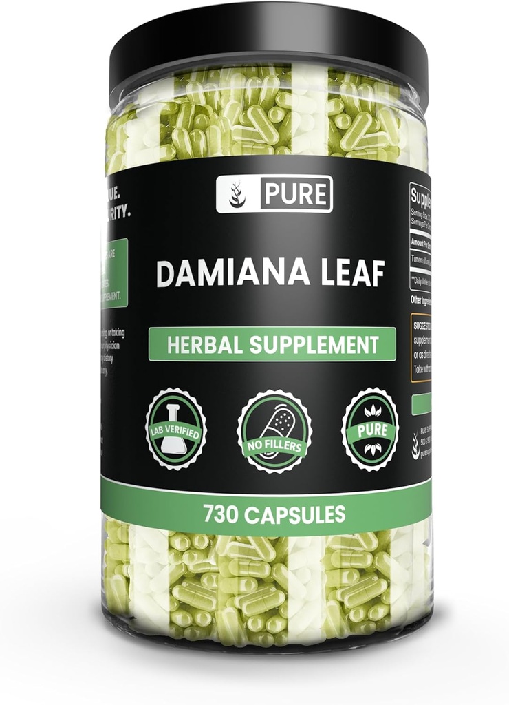 PURE INGREDIENTS Damiana Leaf Capsule, Nu Magneziu sau Rice Fillers, întotdeauna pură, Lab verificat (730 Capsule)