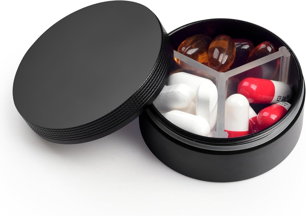 Caz pilula mici 3 Compartimente, Metal Round cutie pilula portabila, impermeabile Travel Pill Organizator, Pocket Purse Medicina Detinator de vitamine EDC Container (Negru)