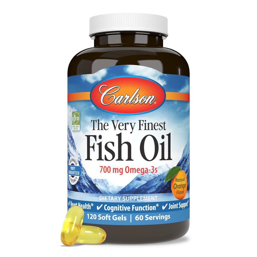 Carlson - Cel mai fin ulei de pește, 700 mg Omega-3s, Norvegian Fish Oil Supplement, Wild Caught Omega 3 Fish Oil, Sustainable Soursed Fish Oil Capsules, Omega 3 Supliment, Orange, 120 Softgels