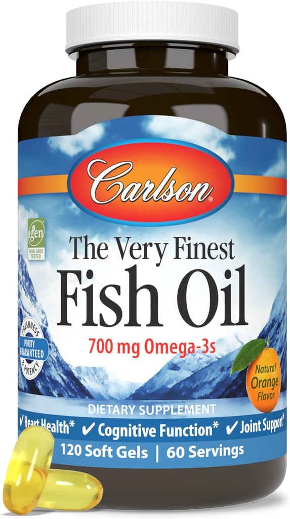Carlson - Cel mai fin ulei de pește, 700 mg Omega-3s, Norvegian Fish Oil Supplement, Wild Caught Omega 3 Fish Oil, Sustainable Soursed Fish Oil Capsules, Omega 3 Supliment, Orange, 120 Softgels
