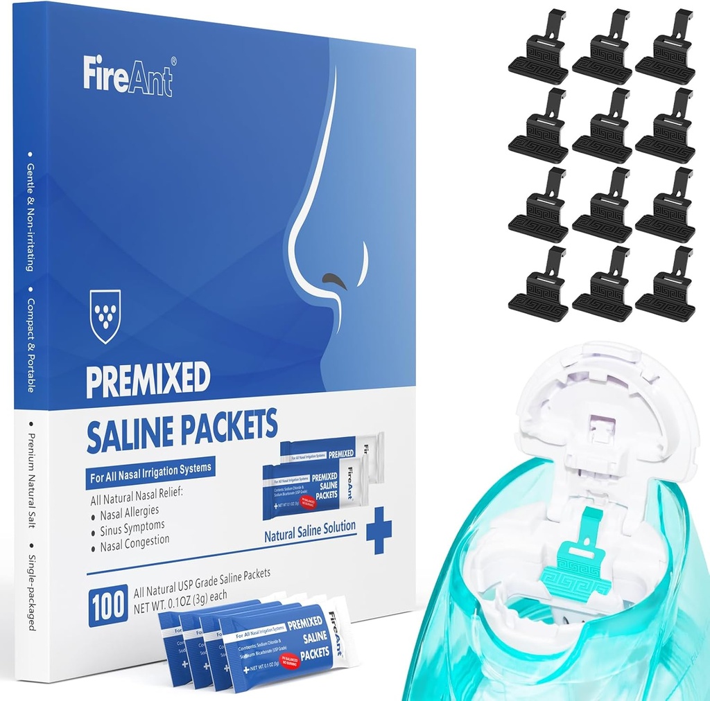 FireAnt 100 Pachete saline și 12 Poduri saline reutilizabile Refills Set, Compatibil cu Nasal Nasal Navage - Include 100 Count Pachete de sare Sinus Clătiți + 12 Panzi de ambalaj Silicon sare Umpleți în negru
