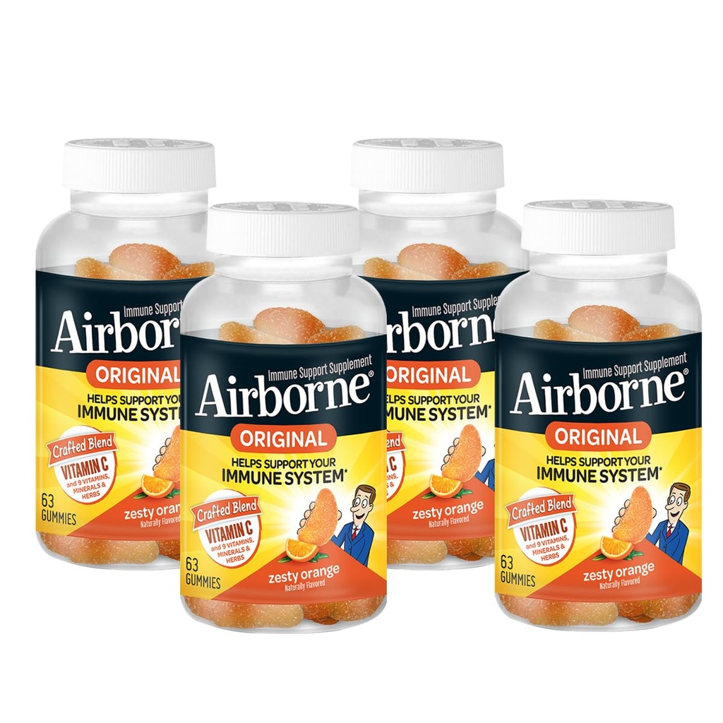 Airborne 750mg vitamina C Supliment de sprijin imun Gume pentru adulți, Zesty Orange Aroma, Gluten Free Crafted Blend cu puternice antioxidanți Vitamine A C & E, 63 Gume (4 ambalaj)