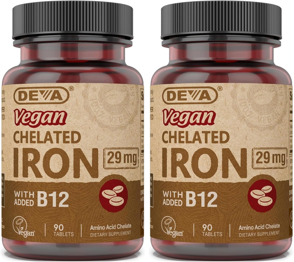 DEVA Nutriţie Vegan Chelated Iron 29 mg Fortificat cu B-12 - potenţă mare, uşor de înghiţit - 90 comprimate, 2-Pachet