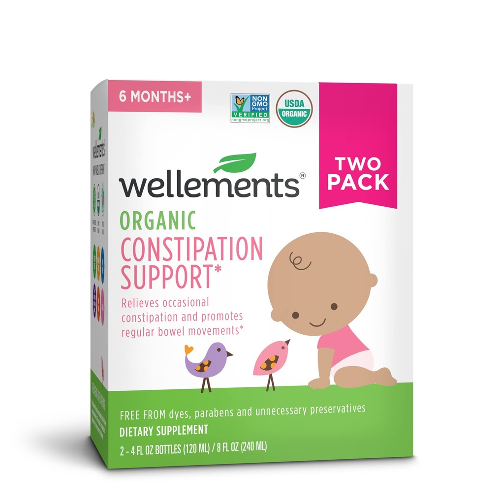 wellements Organic Baby Constipație Suport scutește Constipație ocazională pentru sugari și copii mici, Nu Laxative Harsh, USDA Certified Organic, 4 Fl Oz (Pachet de 2), 6 luni +