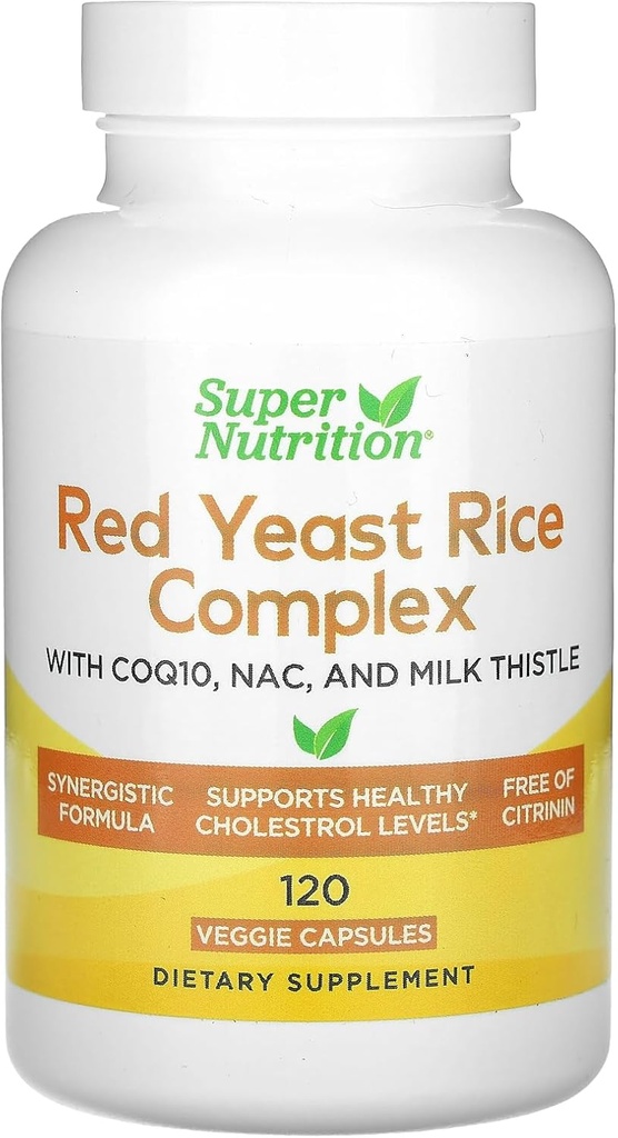 Super Nutritie Red Yeast Rice Complex cu organic Red Yeast Rice, N-Acetyl Cysteine, Coenzima Q10, si Milk Thistle Extract, 120 Veggie Capsule