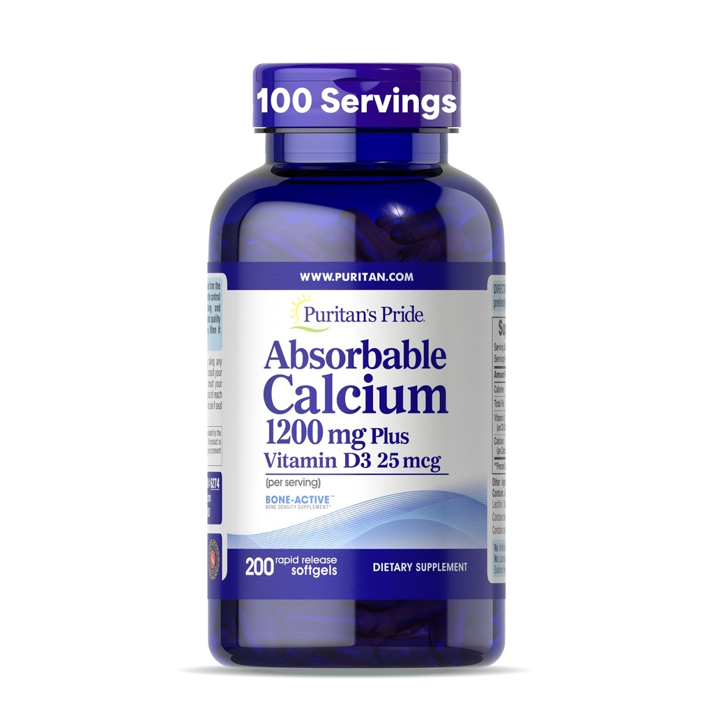 Puritan's Pride Absorbable Calciu 1200 mg Plus Vitamina D3 25mcg 1000 UI cu Bone-ActiveTM, 200 Softgels de eliberare rapidă