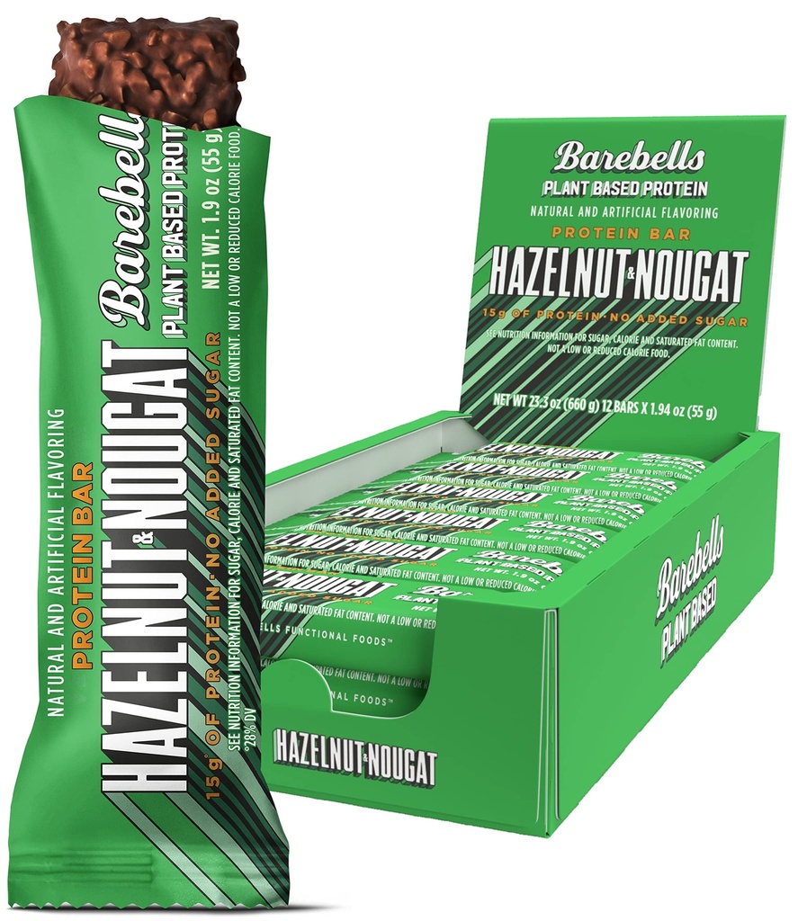 Barebells Vegan Proteine Baruri Hazelnut & Nougat - 12 Conte, 1.9oz Baruri - Caracteristici Bar de Proteina pe bază de plante cu 15g de proteine - Ciocolata Snacks proteine cu doar 1g de zahăr total - Ideal pentru