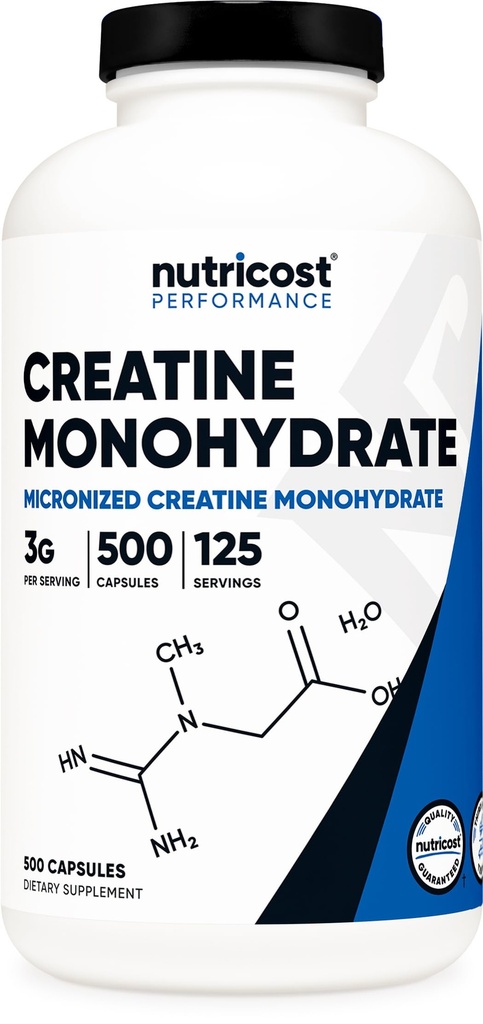 Nutricost Micronizat Creatină Monohidrat 3000 mg 500 capsule, 125 Serviri, 750 mg Creatină Monohidrat per capsulă