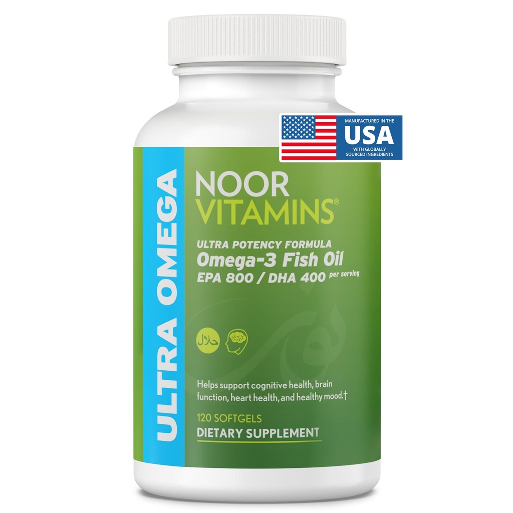 Noor Vitamine Ulei de pește halal, vitamine halal, Ultra Omega 3 Pește peruvian sălbatic (800 mg EPA & 400 mg DHA) Inimă, Brain & Suport comun, Non-GMO și Gluten Free (120 Conte)