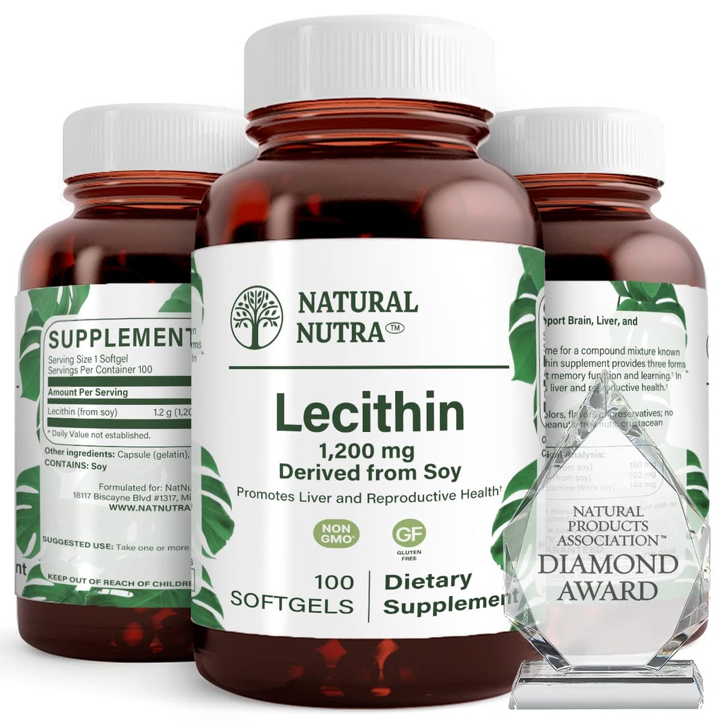 Nutra Natural Soy Lecitin 1200 mg Supliment alimentar - Functia creierului, sanatatea ficatului, Hepls Sanatatea sanilor, Supliment de stimulare a memoriei - Gluten-Free, BPA-Free, 100 Softgels in sticle de sticla reciclabile