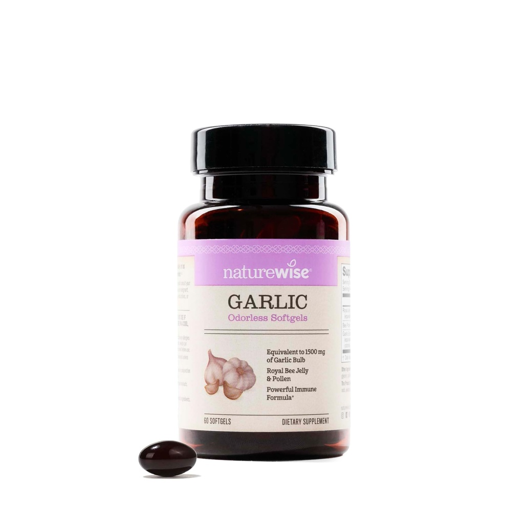 NatureWise Pastile Odorless Usturoi - cu Royal Bee Jelly & Polen - Herbal Supplement for Heart Health + Immune System + Antioxidanti - Gluten Free, Non-GMO - 60 Softgels [2-Month Supply]