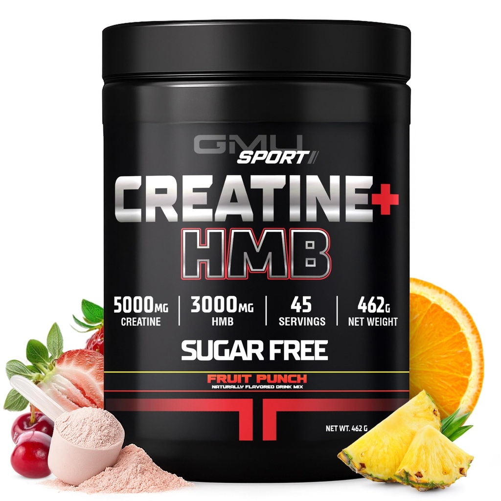 GMU SPORT - Creatin Monohidrat cu HMB pulbere - 45 Serviri, Creatine HMB Suplimente, Creatina cu HMB pentru cresterea fortei, crestere musculara si energie sporita, 3G HMB/Frut Punch