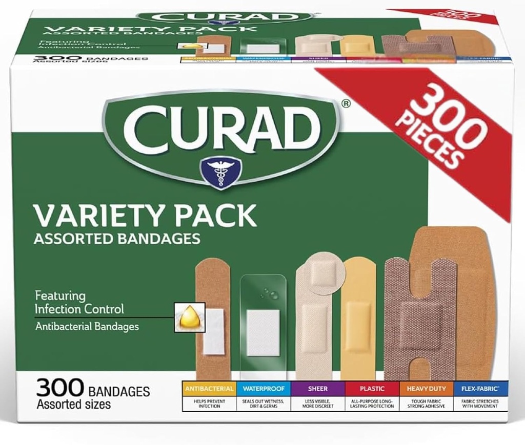 CURAD Bandaje asortate Variety Pack, 300 Count, 6 Styles Inclusiv antibacteriene, impermeabile, Sheer, Plastic, Heavy Duty & Flex-Fabric, Protejează zgârieturi, Cuts & Burns, Latex-Free