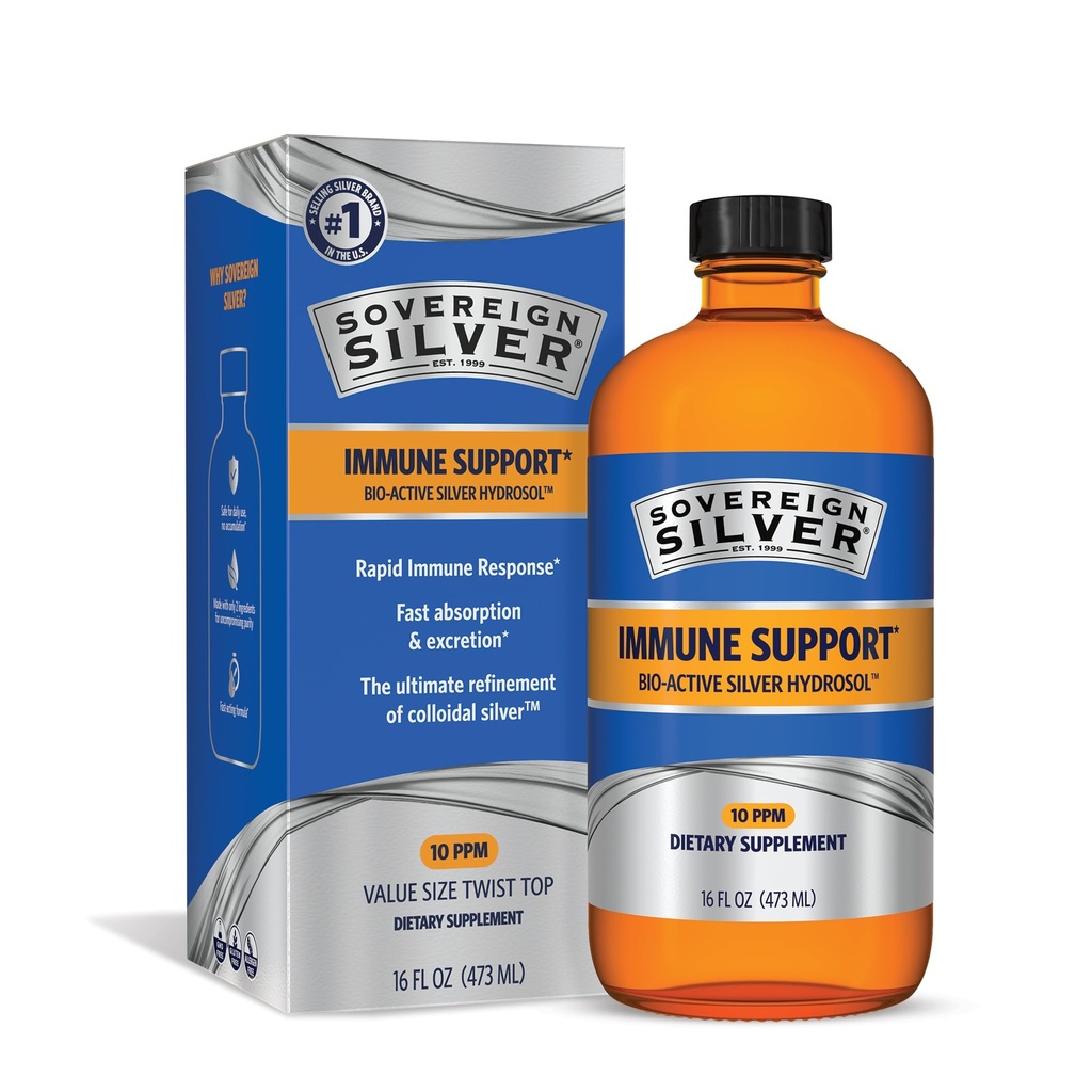 Silver Suveran Bio-Active Silver Hydrosol pentru Suport Imun - Lichid de argint coloidal -10 ppm, 16oz (473ml) - Valoare