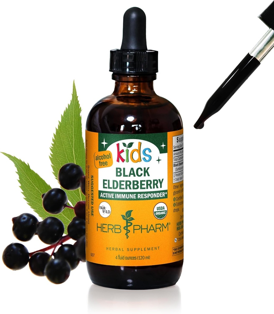 Herb Pharm Kids Certified-Organic Alcool-Free Black Elderberry Glicerite Extract lichid, 4 Ounce