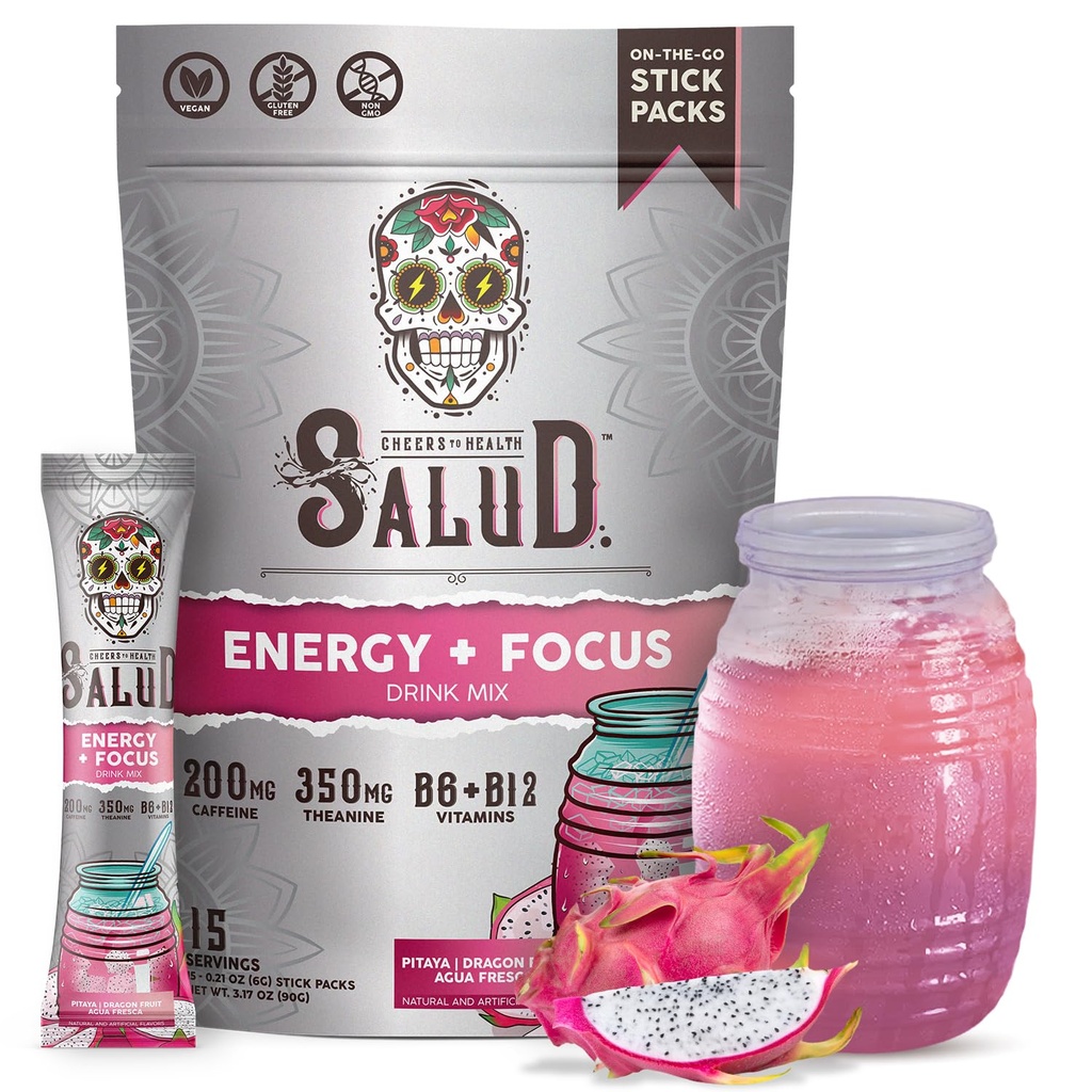 Salud 2-in-1 Energetic Drink Powder + Focus, Dragon Fruit, Organic Caffeine, B6 + B12, Theanine, Clean Energy Drink Packets, Pitaya Agua Fresca Mix, Non-GMO, Gluten Free, Vegan, 1g de zahăr, (15 Servings)