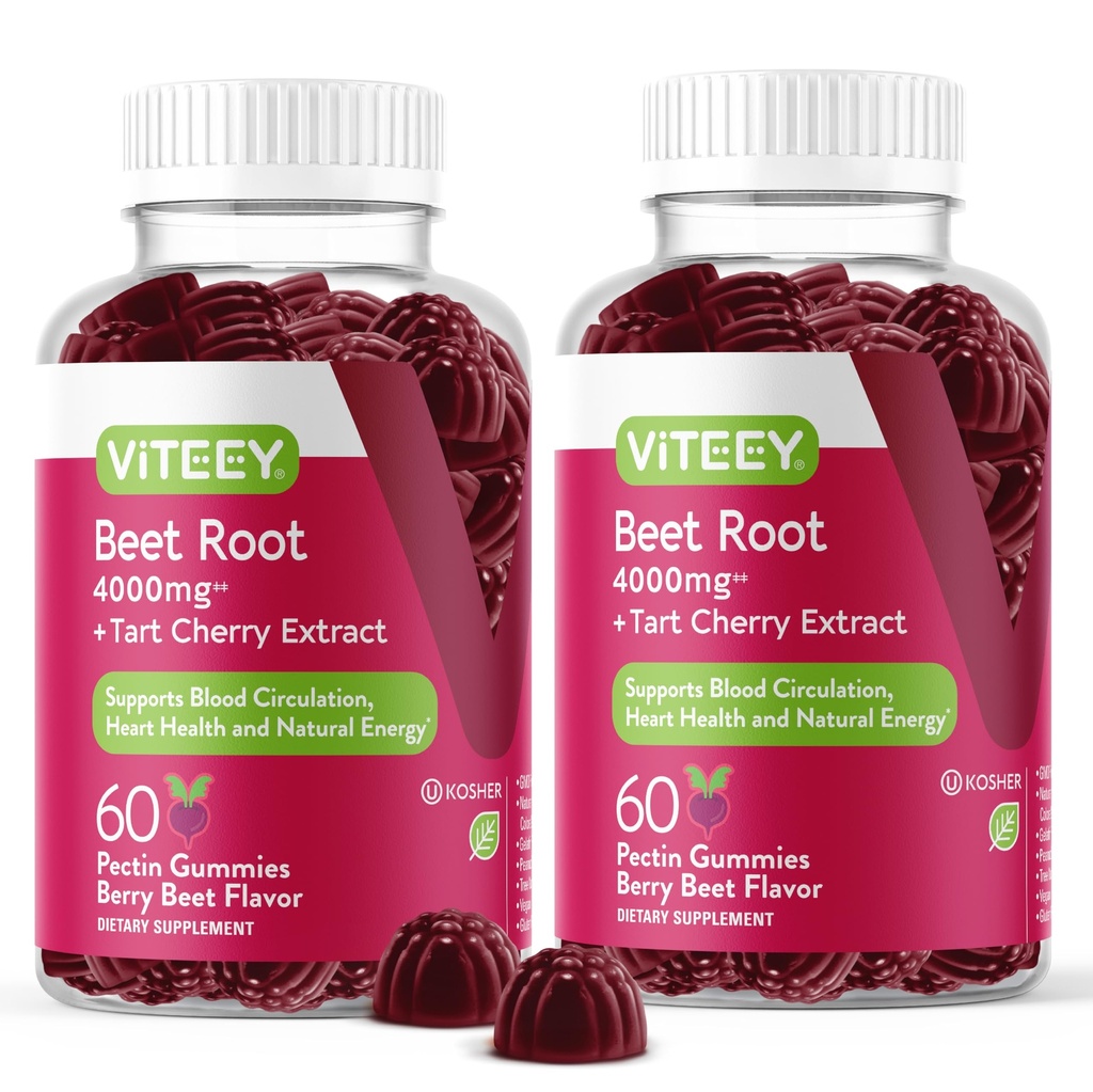Viteey Beet Root Gummies cu cireșe tarta - Beetroot Supliment pentru sanatatea inimii, suport de presiune a sangelui - Vegan, gluten-free - 120 Conte