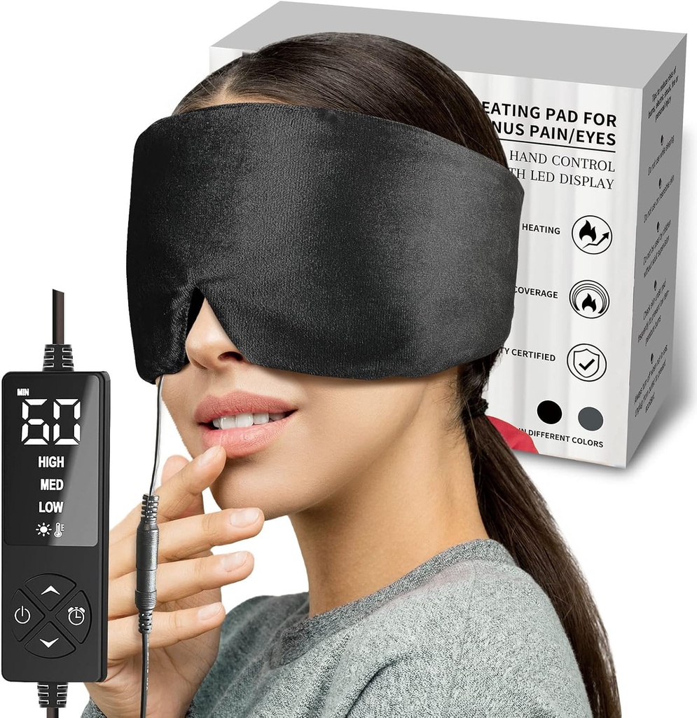 sticro incalzit ochi Masca cu dimensiune foarte mare pentru ochi uscati si Sinus ajutor de presiune, Ultra moale fata de încălzire Pad pentru Tensiuni Dureri de cap Relief, Jaw TMJ Pain Relief - 3 căldură și 5 setări de sincronizare (negru)