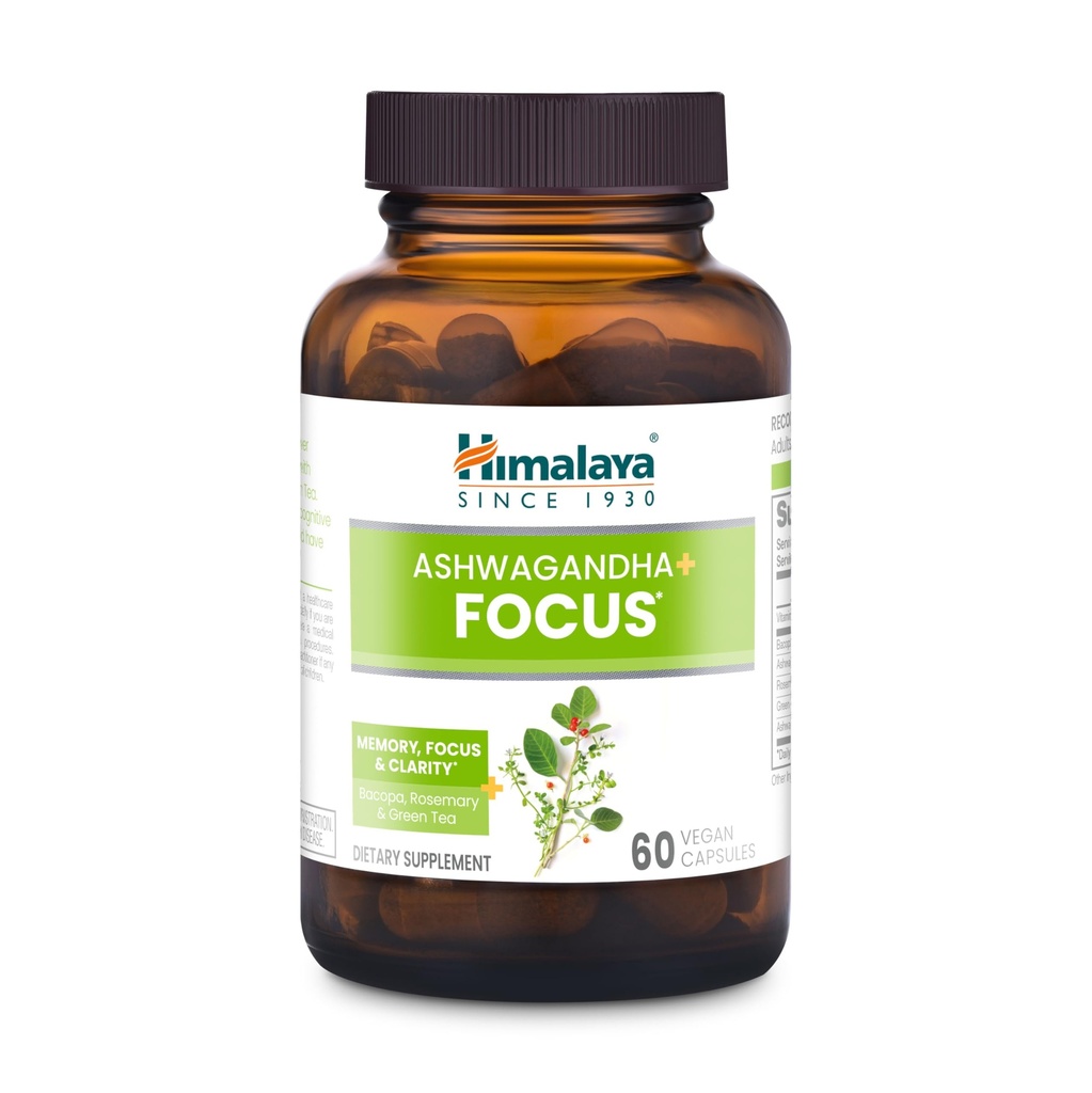 Himalaya Ashwagandha+ Focus - Herbal Focus Supliment cu B12, Rosemary, Ceai Verde, si Bacopa Nootrops pentru Memorie si Claritate - Vegan, Non-GMO, Gluten gratuit, 1690 mg, 60 Caplete