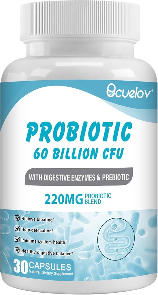 Probiotice 60 Miliarde CFU cu 10 tulpini & 3 prebiotice organice,Probiotice Supliment pentru femei Bărbaţii susţin metabolismul, Imunitatea şi Digestive Health, non-GMO & Gluten Free,30 capsule