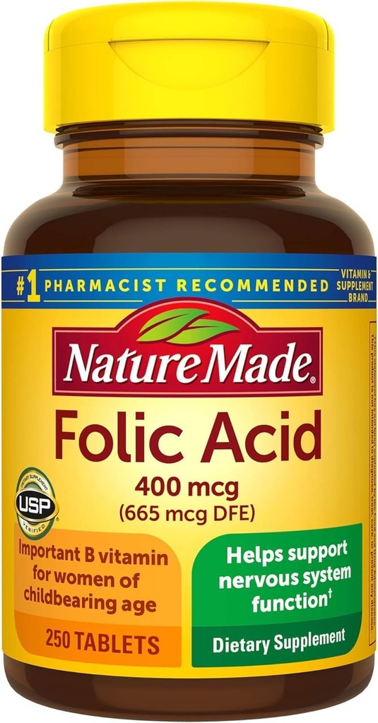 Nature Made Acid folic 400 mcg (665 mcg DFE) Tablete, 250 Count (Packing May Vary)