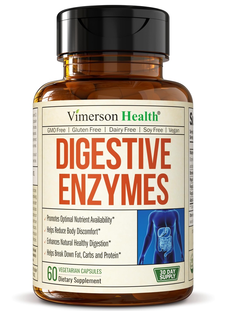 Enzime digestive - Enzime multiple probiotice (Enzimas Digestiva) - Suplimente digestive cu formula Makzyme-Pro unica - enzime avansate pentru digestia, miscarile Bowel & Absorbtie nutrienta. 60 capsule
