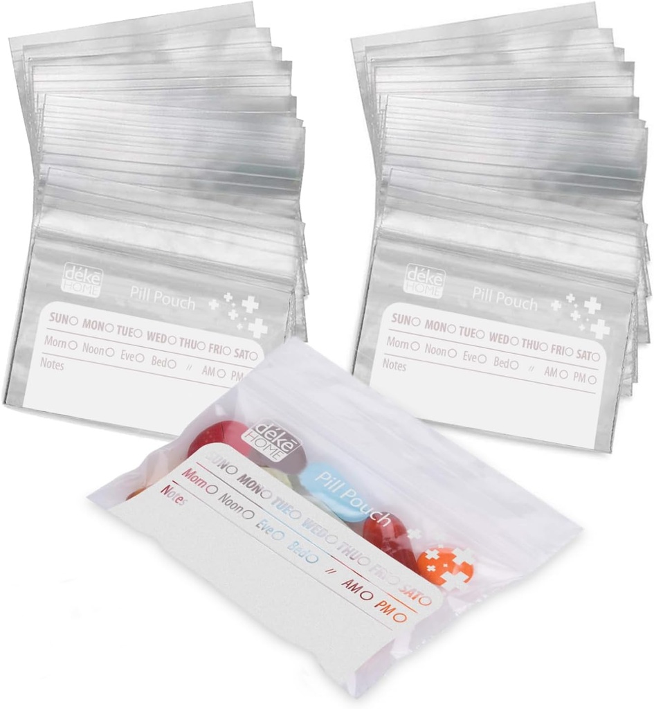 Deke Home - 250 Pack Pungi de pastile clare reutilizabile (4x2.75 in), Poșe de medicamente de călătorie cu eticheta Write-On, BPA-gratuit Organizator de pastile de unică folosință pentru medicamente, vitamine și suplimente