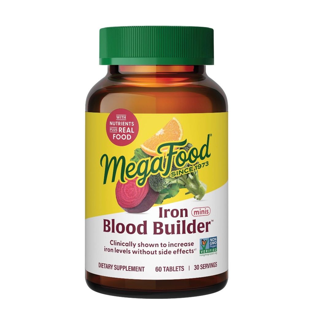 Megafood Blood Builder Supliment de fier pentru femei și bărbați - Creșterea nivelurilor de fier fără efecte secundare - Combaterea oboselii - vitamina B12, acid folic & vitamina C - Vegan - 60 Mini tablete (30 Servings)