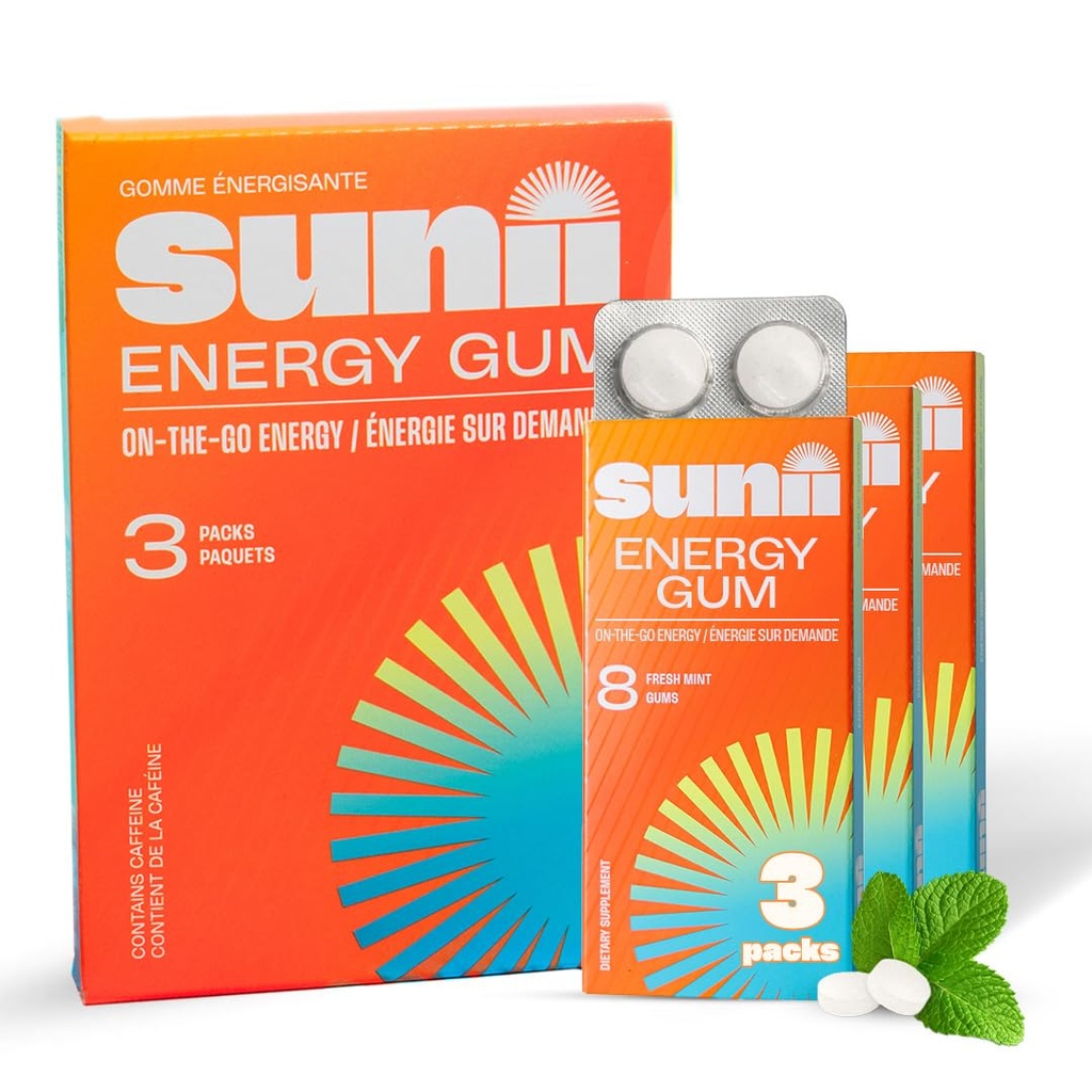 GUM SUNII ENERGETICA - Noua energie rapida si focalizare - 50mg Guma de cafeina -Vitamina B6 & B12, Taurina, Vegan, Nr Sugar, Zero Calorie, Gust menta proaspata - mai rapid decat Chews, bauturi, Geluri si Pastile (24pcs)