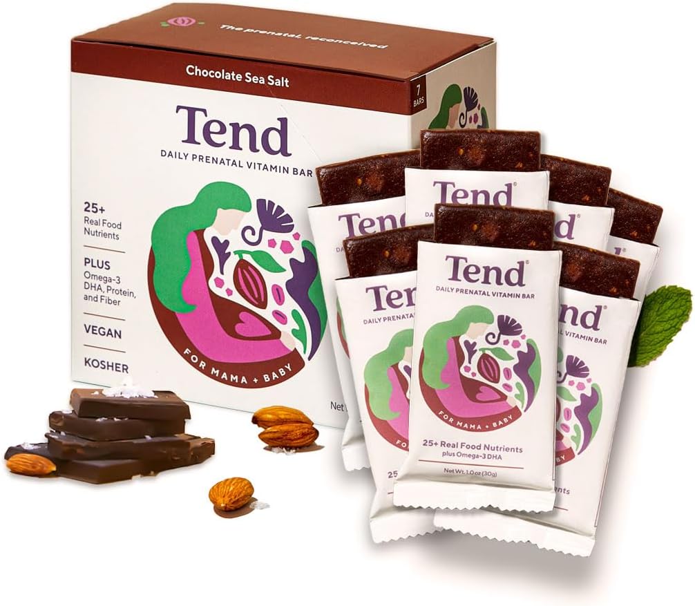 Tend Daily Best Prenatal Vitamina Bar, Made with Organic Ingredients for Gravide & Postpartum Mothers, Includes DHA, Vitamina D, B, Choline, Folate - Chocolate Sea Salt (7ct)
