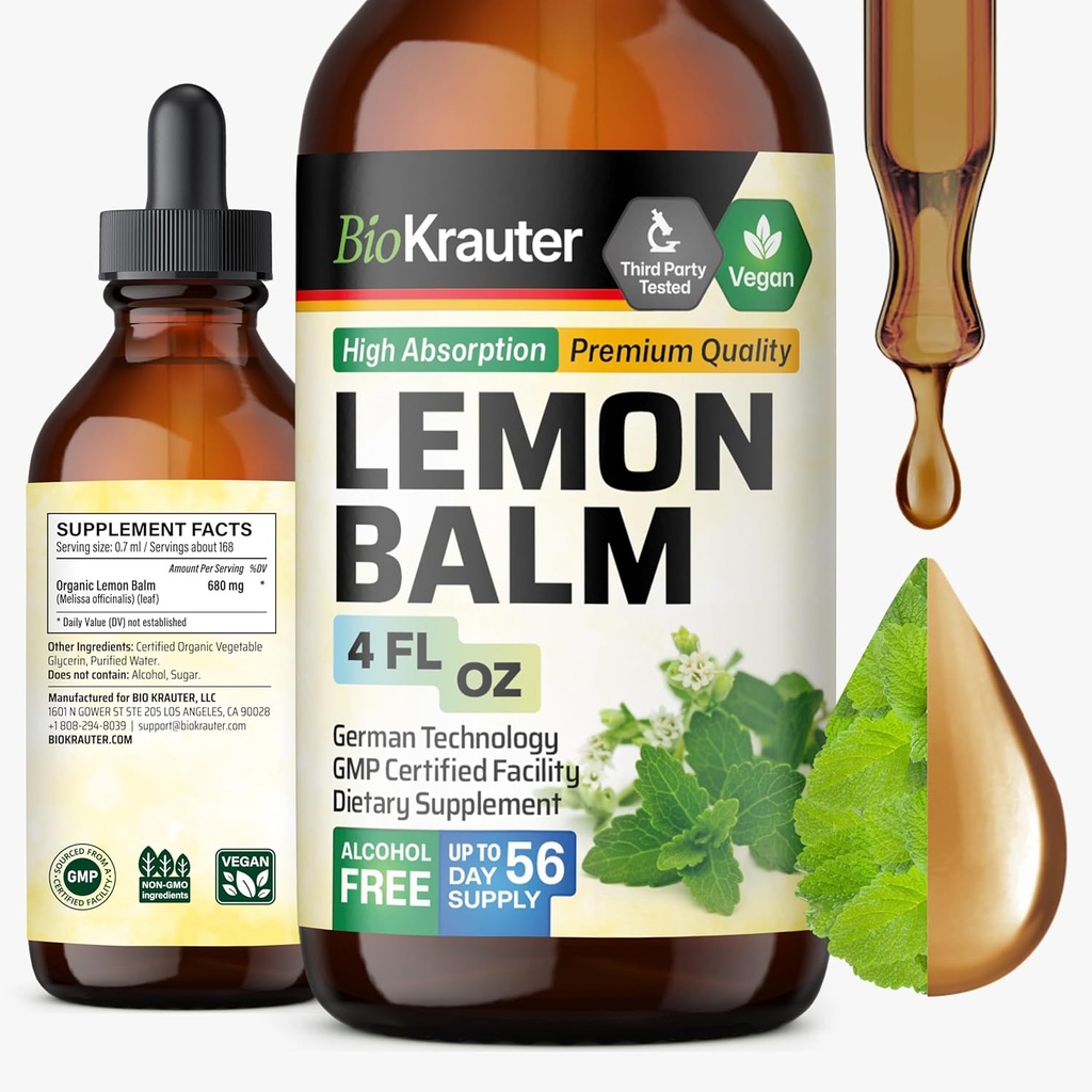 BIO KRAUTER Lemon Balm Leaf Extract - Vegan Melissa Lemon Balm Tincture pentru suport de calmare - Sugar & Alcool-Free - 4 Fl. Oz.