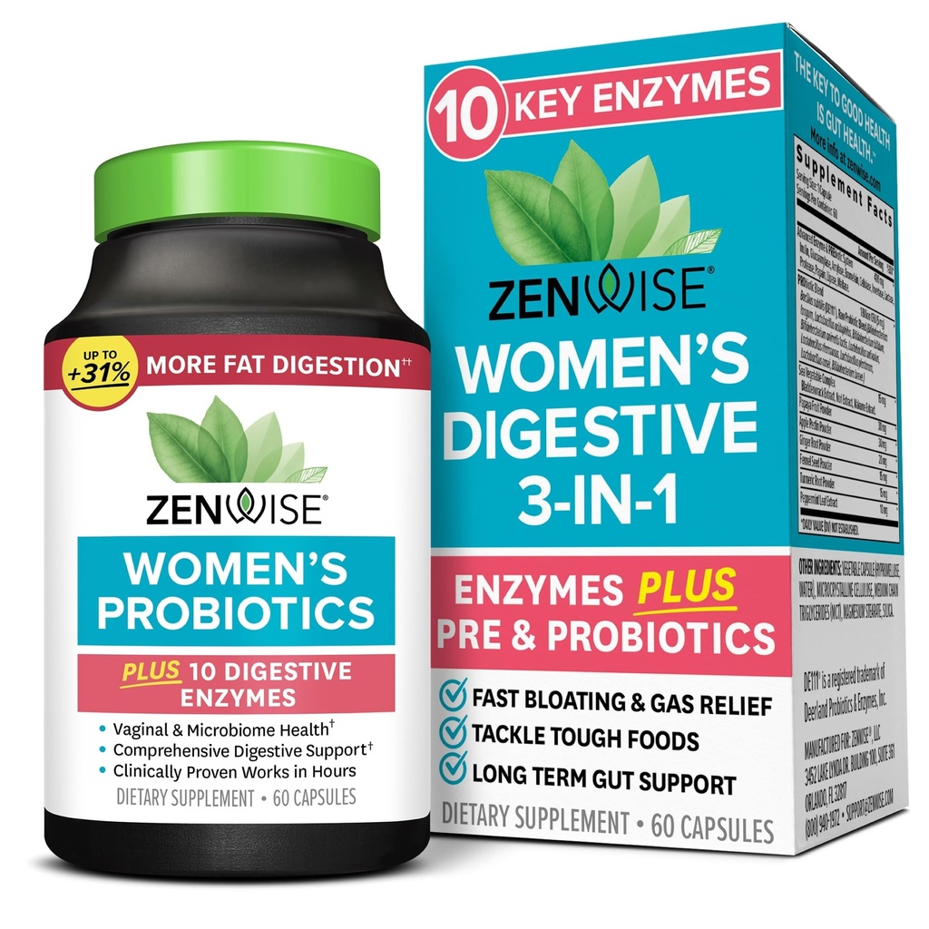 Zewise Health 3-in-1 Femei Probiotic Supliment pentru Digestive, Gut Flora & Vaginal Health - Daily Probiotics & Prebiotics pentru femei cu enzime digestive suporta Blooting & Gas Relief - 60 Conte
