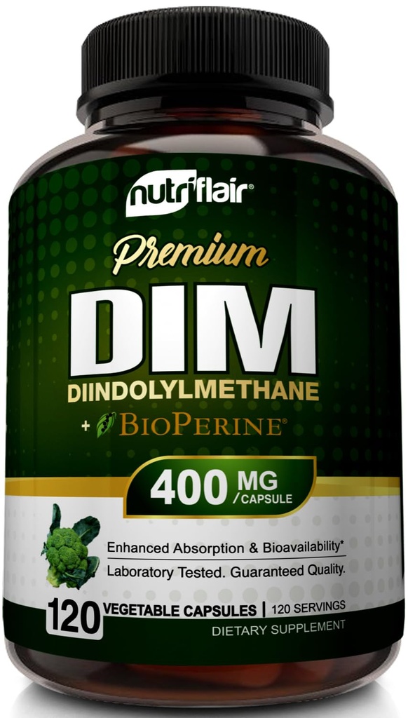 NutriFlair DIM Supliment 400mg cu Bioperine, 120 Capsule - Diindolilmetan - Suport metabolic estrogen & Echilibrul hormonal, Menopause, POSS, Acnee şi îngrijirea pielii pentru bărbaţi şi femei - Comparativ cu 300mg