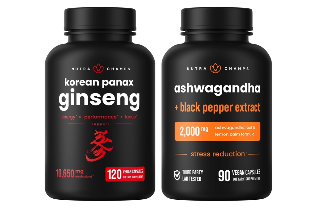 NutraChamps Capsule coreene Ginseng şi capsule Ashwagandha 2 Pack Bundle