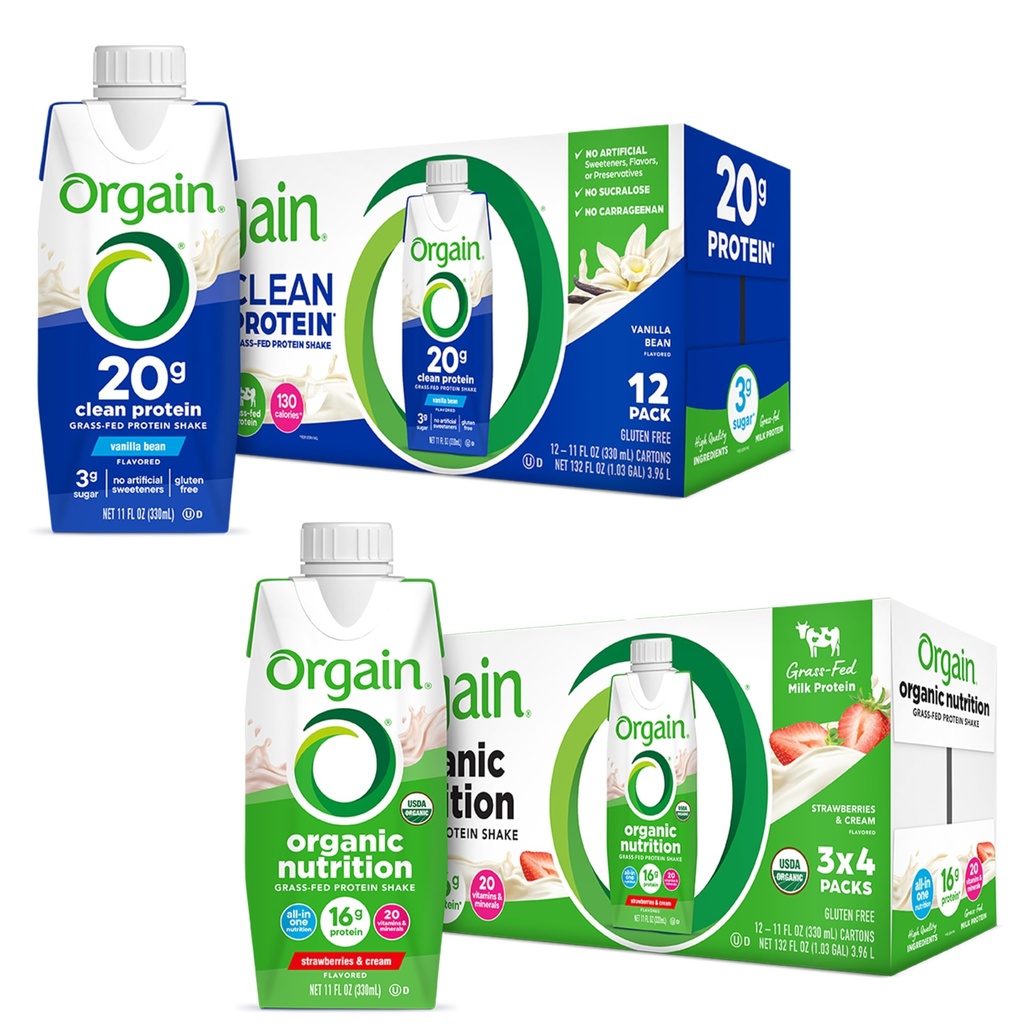 Again Curat de proteine Shake, Grass Fed Dairy, Vanilla Bean (Pachet de 12) și Orgain Organic Alimentational Proteina Shake, Căpșuni și Cream (Pachet de 12)