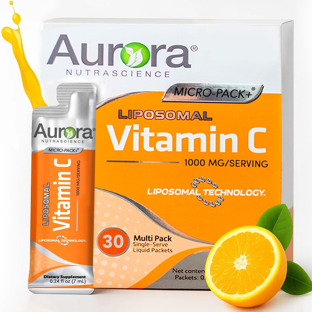 Aurora Nutrascience Micro-Pack Liposomal Vitamina C, Immune Support, 1000 mg Per Serving, Gluten Free, Non-GMO, 30 Pachete de unică servire, 21.7 oz