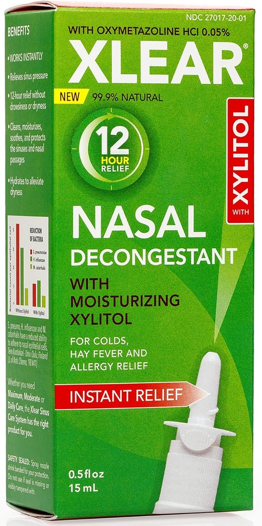 Xlear 12-Hour Natural Saline Nasal Decongestant Spray cu Xilitol și Oxymetazoline, Instant Sinus presiune și congestie de relief pentru copii și adulți 0.5 floz (Pachet de 3)