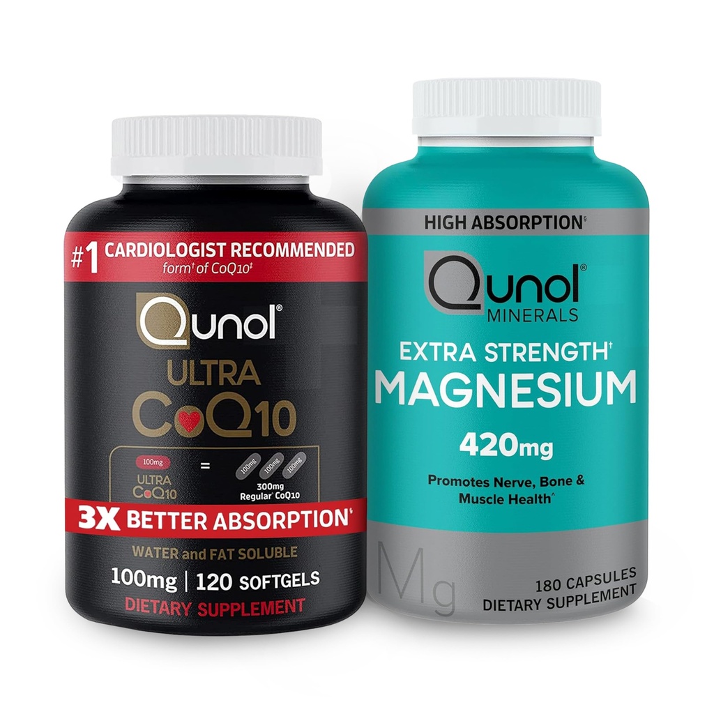 Qunol CoQ10 100mg Softgels, 3X o mai bună absorbţie 4 Luna de aprovizionare + 120 Conte de magneziu Glicinat Capsule 420mg, Supliment de magneziu de absorbţie ridicată, 180 Conte