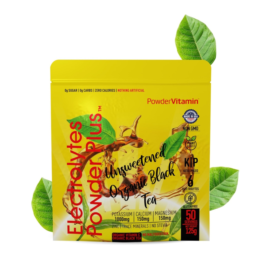 PulbereVitamina Electroliti Pulbere Plus (50 Serviri) Neîndulcit Black Ceai Electrolit pulbere Keto,SugarFree, Sare Himalaiană roz,1000mgPotasium,150mgCalcium,150mgMagnesium,Pudră de iradiere NO STEVAIA