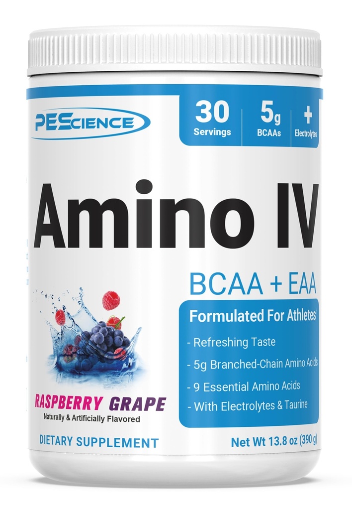 Pescience Amino IV BCAA & EAA Powder, Aminoacidi esențiali, Taurină, Electroliți pentru hidratare și recuperare musculară, Zahăr gratuit pentru bărbați și femei, Post Workout - struguri de zmeură - 30 Serviri