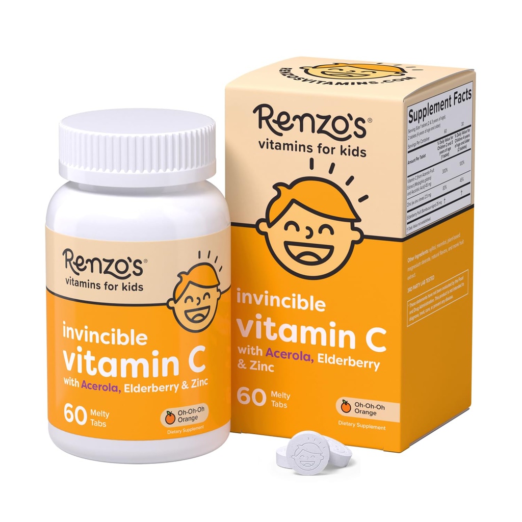 Vitamina C invincibila Renzo pentru copii cu elderberry si zinc, Vitamine pentru copii dissolvabili pentru suport imunitar, 60 Orange-Flavored Melty Tabs