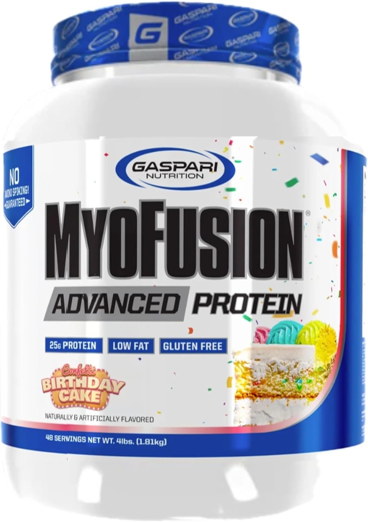 Nutriție Gaspari Miofuzie Proteină avansată, Blend de proteine cu proteine Whey, Casein Proteine și Proteine Izolate, Fat scăzut și Gluten Free (Cake ziua de naștere, 4 Lire)