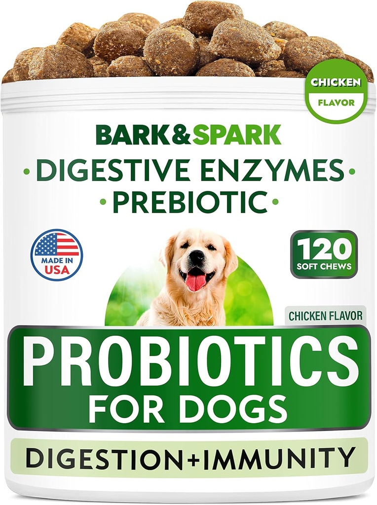 BARK&SPARK Dog Probiotic Chews - Gaz, Diaree, Alergii - Enzime + Prebiotice - Fibră masticabilă - Digestia, Imunitatea - SUA Made - 90 Ct - Pui