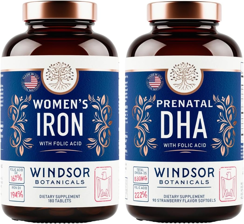 WINDSOR BOTANICALE DHA prenatale și pastile de fier pentru femei cu acid folic - Vitamina prenatal Bundle