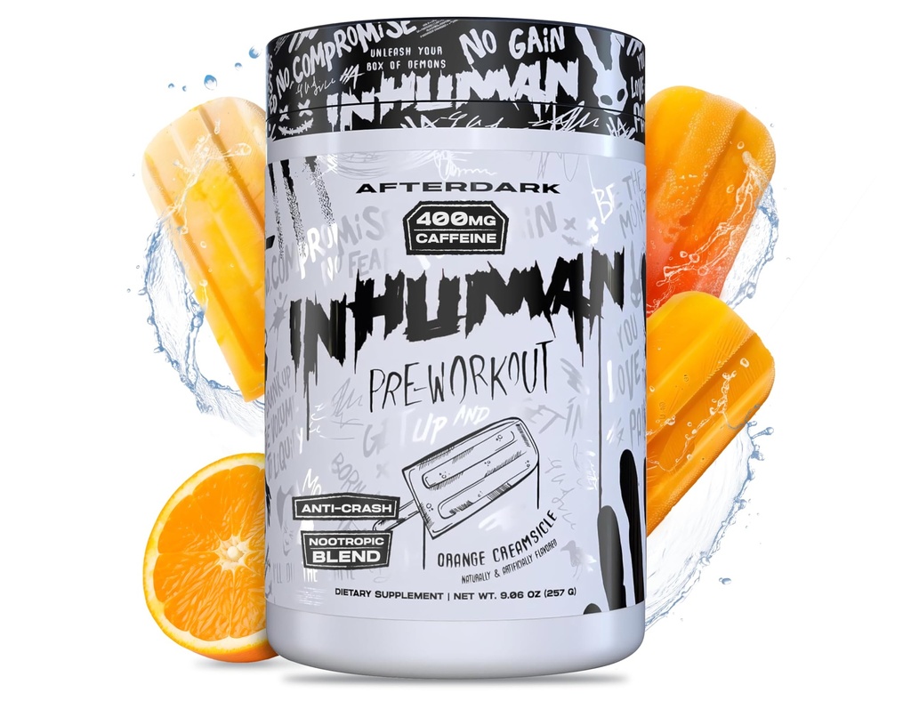 Afterdark INHUMAN Pre-Workout Powder, Enhanced Mind-Muscle Connection, Sustened Energy, Potent Nootropic Blend, Vegan, Gluten-Free, Soy-Free, 400mg Caffeine, No Crash, Orange Creamsicle
