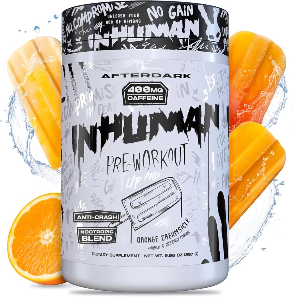 Afterdark INHUMAN Pre-Workout Powder, Enhanced Mind-Muscle Connection, Sustened Energy, Potent Nootropic Blend, Vegan, Gluten-Free, Soy-Free, 400mg Caffeine, No Crash, Orange Creamsicle